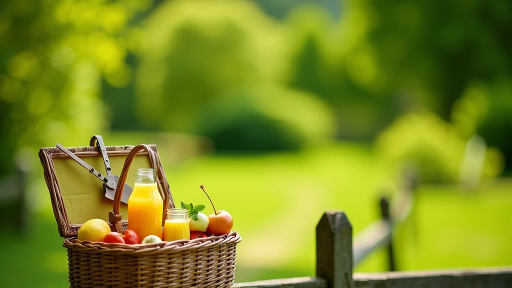 Piknika grozu ar ēdienu un dzērienu uz žoga, dārzā, saulainā diena