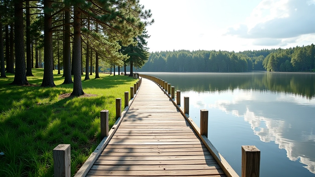 Koka pārgājiena tiltiņi gar Āraišu ezeru, ūdens un priežu mežs abos pagralos, skaista dabas ainava